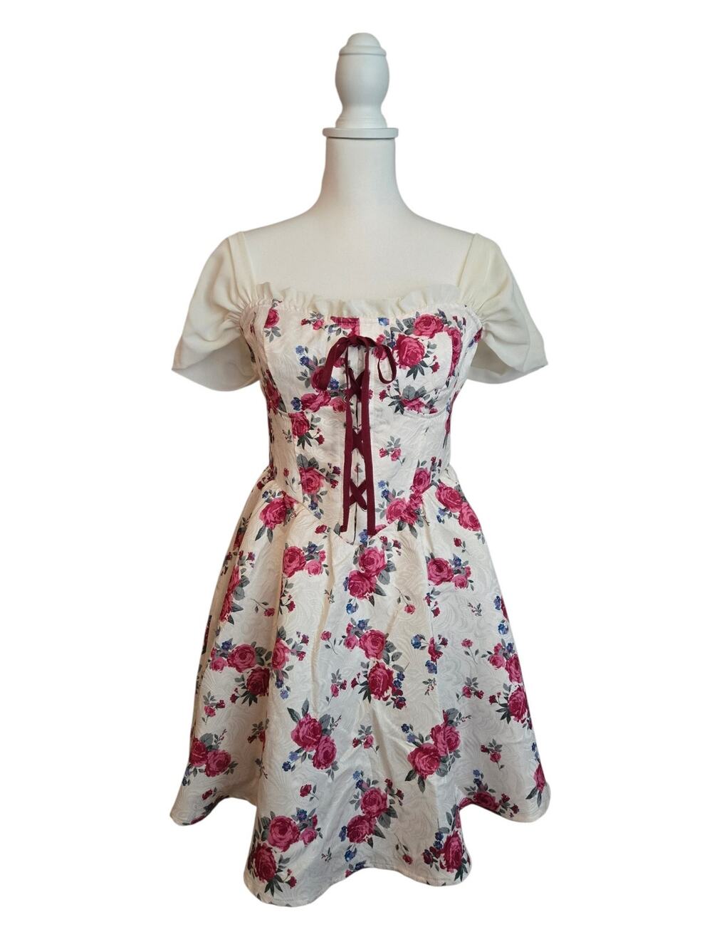 Coquette Cottage Peasant Floral Off Shoulder Corset Dress S Cream Jacquard NWT